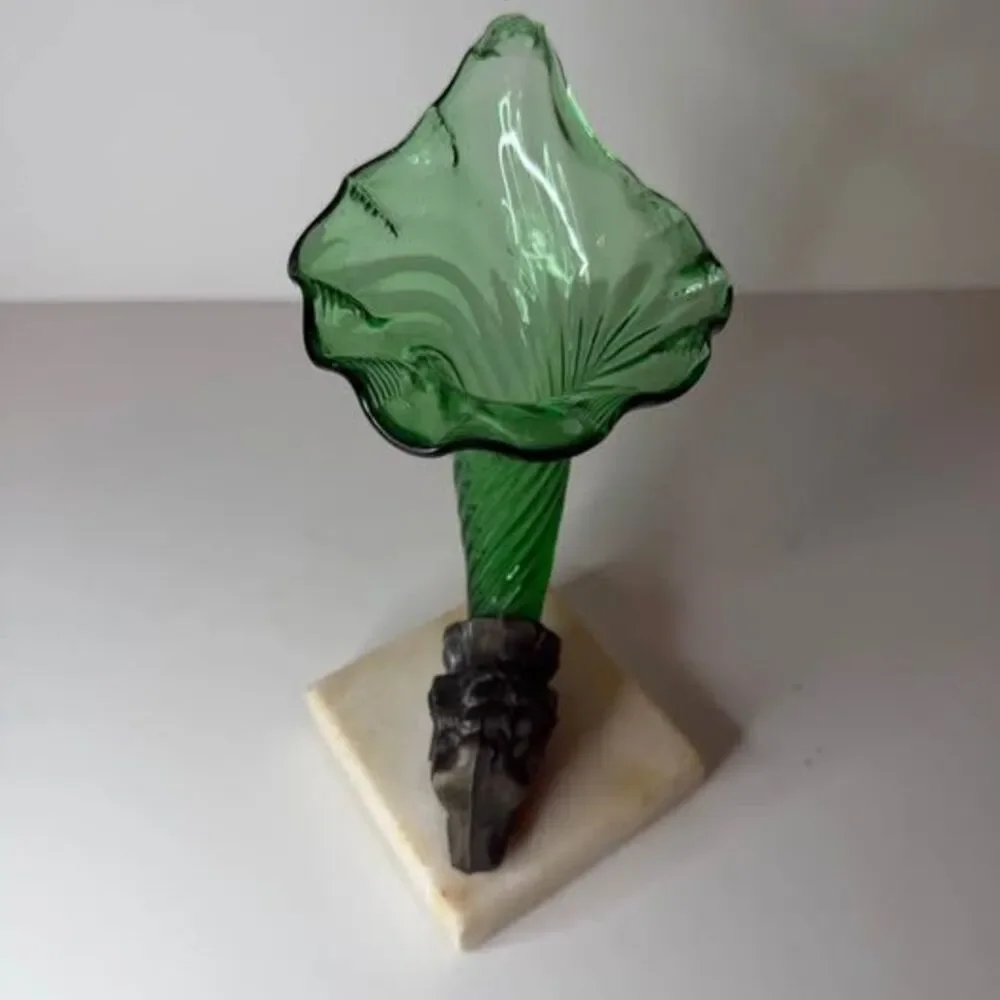 Victorian Era Green Glass Cornucopia Vase with Bronze Ram on Marble Base